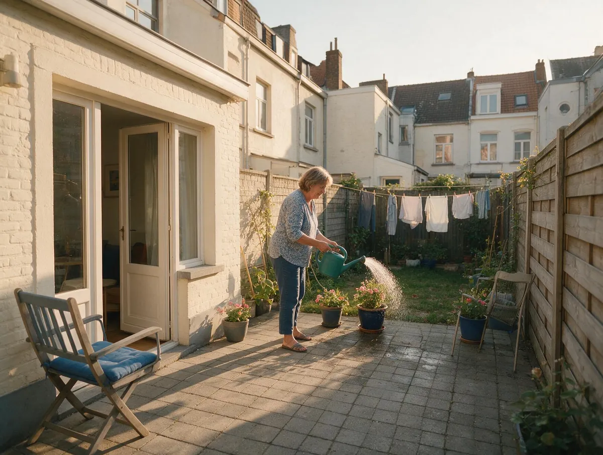 Cliente dans le jardin de sa maison mitoyenne à Evere